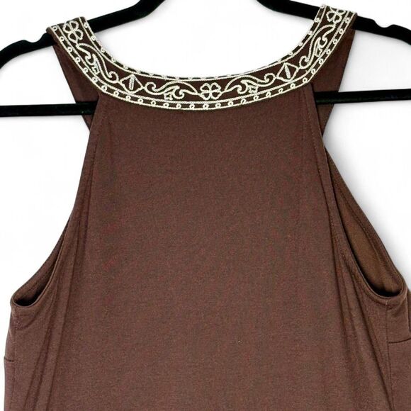 y2K VTG I.N.C. Brown White Contrast Embroidered Boho Midi Dress size L - Picture 6 of 8